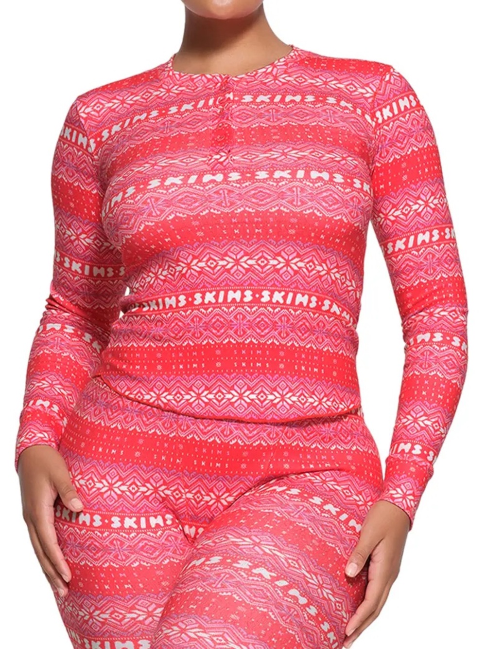 SKIMS Red and Pink Fair Isle Long Sleeve Thermal Top